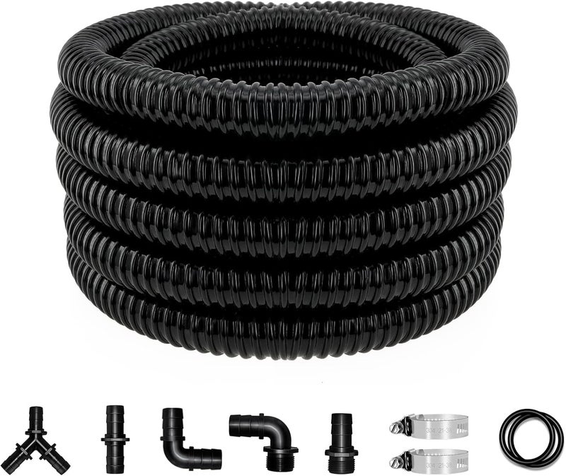 Longrun Pond Tubing 1 Inch Diameter, 20.7 Feet Long Corrugated Flexible Hose Pipe with Clamps Pipe Fittings, Pool PVC Tube for Garden Ponds Waterfalls Camping Caravans Filters Drainage Marine - Image 1